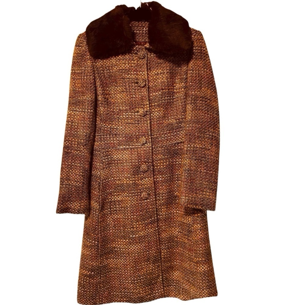 Marciano Women’s Tweed Coat with Purple Rabbit Fur Collar – Size SP